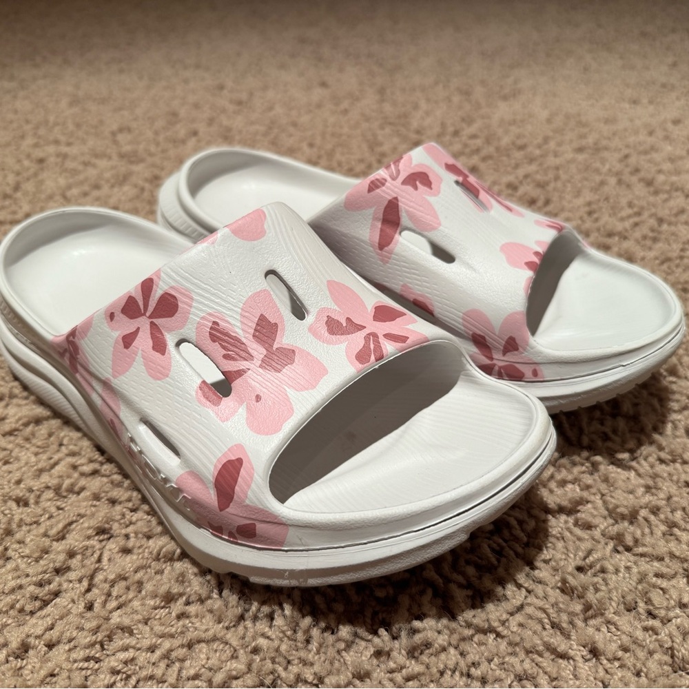 Hoka One One Pink Floral Slide Sandals